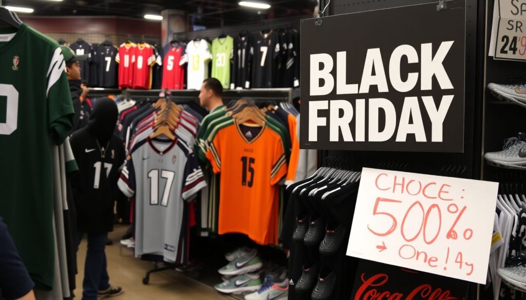 Promoções sazonais no esporte: Black Friday, finais de temporada e como economizar em produtos oficiais - иллюстрация